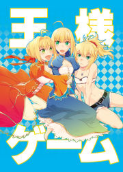 Rule 34 | 10s, 3girls, ahoge, artoria pendragon (all), artoria pendragon (fate), bad id, bad pixiv id, blonde hair, fate/apocrypha, fate/extra, fate/stay night, fate (series), girl sandwich, green eyes, midriff, mordred (fate), mordred (fate/apocrypha), mordred (memories at trifas) (fate), mother and daughter, multiple girls, navel, nero claudius (fate), nero claudius (fate) (all), nero claudius (fate/extra), nichiru, saber (fate), sandwiched, translated