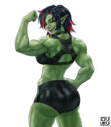 Rule 34 | 1girl, absurdres, artist logo, bike shorts, black hair, black shorts, colored skin, earrings, facing away, female orc, flexing, green skin, hand on own hip, highres, jamrolypoly, jewelry, kleona (messifeetpics), looking at viewer, looking back, multicolored hair, nose piercing, nose ring, open mouth, orc, original, piercing, pointy ears, red eyes, red hair, short hair, shorts, simple background, solo, sports bra, sportswear, teeth, two-tone hair, upper teeth only, white background