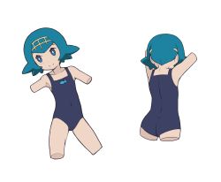 Rule 34 | 1girl, arms up, bare arms, black one-piece swimsuit, blue eyes, blue hair, blue one-piece swimsuit, bright pupils, child, closed mouth, collarbone, commentary request, covered navel, creatures (company), game freak, hairband, highres, lana (pokemon), legs apart, looking to the side, multiple views, nintendo, no sclera, one-piece swimsuit, outstretched arm, pokemon, pokemon sm, short hair, simple background, smile, squid neetommy, swimsuit, trial captain, wedgie, white background, white pupils, yellow hairband