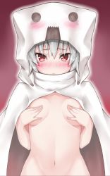 Rule 34 | 1girl, blush, breasts, cape, cloak, covering privates, covering breasts, ghast, groin, highres, looking at viewer, minecraft, naked cape, navel, no bra, no panties, out-of-frame censoring, personification, red eyes, small breasts, solo, uyu (keyakinoki), white hair