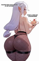 Rule 34 | 1girl, ai-assisted, ass, ass focus, bare shoulders, breasts, cake, emilia (re:zero), food, from behind, honkibooty, huge ass, large breasts, long hair, looking at viewer, looking back, pantyhose, pointy ears, purple eyes, re:zero kara hajimeru isekai seikatsu, sideboob, solo, thick thighs, thighs, thong, topless, very long hair, white hair