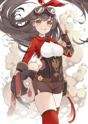 Rule 34 | 1girl, adapted costume, alternate costume, amber (genshin impact), bag, baron bunny (genshin impact), belt, brown eyes, brown hair, brown shorts, doll, explosion, genshin impact, goggles, goggles on head, grin, hairband, highres, holding, holding doll, shorts, skying, smile, solo, stuffed animal, stuffed rabbit, stuffed toy, thighhighs, thumbs up, two-tone gloves, vision (genshin impact), wind, zettai ryouiki