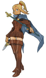 Rule 34 | 1girl, blonde hair, blue eyes, boots, cape, dagger, dual wielding, final fantasy, final fantasy tactics, full body, high ponytail, holding, knife, miniskirt, ponytail, skirt, solo, thigh boots, thighhighs, valmafra lenande, wand, weapon
