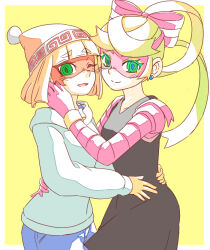 Rule 34 | 2girls, alternate costume, arms (game), beanie, blonde hair, casual, denim, domino mask, dress, earrings, green eyes, hat, hitohito, hood, hoodie, hug, jeans, jewelry, looking at viewer, mask, min min (arms), multiple girls, nintendo, one eye closed, open mouth, pants, ribbon girl (arms), smile, yellow background