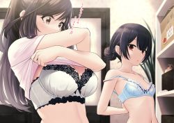 Rule 34 | 2girls, black hair, blue bra, bra, breast envy, breasts, brown eyes, clothes lift, hair bun, highres, idolmaster, idolmaster shiny colors, indoors, large breasts, lifting own clothes, long hair, looking at another, morino rinze, multiple girls, parted lips, pink shirt, puriketsu corgy, red eyes, shirt, shirt lift, short sleeves, single hair bun, small breasts, translation request, tsukioka kogane, underwear, undressing, upper body, white bra