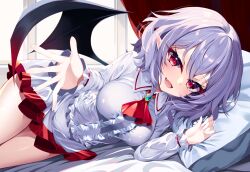 Rule 34 | 1girl, :d, ascot, bat wings, breasts, center frills, collared shirt, commentary request, fang, frills, highres, indoors, large breasts, long sleeves, looking at viewer, lying, medium hair, no headwear, on bed, on side, open mouth, pillow, pointy ears, purple hair, red ascot, red eyes, remilia scarlet, s vileblood, shirt, skin fang, skirt, slit pupils, smile, solo, touhou, white shirt, white skirt, window, wings