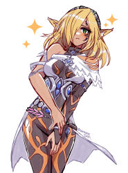 1girl bare_shoulders blonde_hair blush bodystocking breasts bridal_gauntlets celica_(xenoblade_x) commentary green_eyes hair_over_one_eye kamaniki long_hair medium_breasts simple_background solo sparkle standing white_background xenoblade_chronicles_(series) xenoblade_chronicles_x