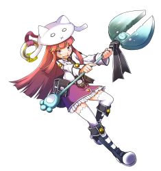 Rule 34 | 1girl, absurdres, black footwear, black necktie, boots, chime brown, full body, highres, holding, holding weapon, kanatarou, knee boots, long hair, looking at viewer, necktie, official art, purple skirt, red eyes, red hair, skirt, solo, thighhighs, transparent background, trouble witches, trouble witches neo, weapon, white thighhighs