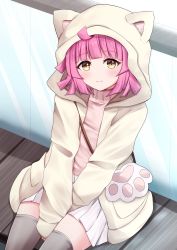 Rule 34 | absurdres, ahoge, animal hood, between legs, blush, cat hood, cat paw, commentary request, glass, grey thighhighs, hand between legs, highres, hood, hooded jacket, jacket, kamesys, light brown jacket, long sleeves, looking at viewer, love live!, love live! nijigasaki high school idol club, open clothes, open jacket, pink hair, pink sweater, pleated skirt, short hair, sitting, skirt, smile, solo, sweater, tennoji rina, thighhighs, turtleneck, white skirt, yellow eyes