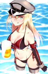 Rule 34 | 10s, 1girl, :q, absurdres, adapted costume, alcohol, amano don, bad id, bad pixiv id, beer, bikini, bismarck (kancolle), blonde hair, blue eyes, breasts, cleavage, female focus, front-tie top, gloves, hat, highres, kantai collection, large breasts, long hair, military, military uniform, peaked cap, shiny skin, smile, soaking feet, solo, swimsuit, thighhighs, tongue, tongue out, uniform, wading, water