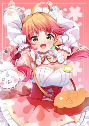 Rule 34 | 100ton250, 1girl, 35p (sakura miko), :d, ahoge, armpits, arms up, bag, blush, breasts, cleavage, cowboy shot, detached collar, detached sleeves, food-themed bag, frilled hairband, frilled skirt, frilled sleeves, frills, green eyes, hair ornament, hair rings, hairband, hairclip, handbag, hololive, large breasts, layered skirt, lolita fashion, lolita hairband, long hair, looking at viewer, low twintails, neck ribbon, official alternate costume, official alternate hairstyle, open mouth, petticoat, pink hair, pink ribbon, pink skirt, pleated skirt, pom pom (clothes), rabbit pose, ribbon, sakura miko, sakura miko (new year), shirt, skirt, sleeveless, sleeveless shirt, smile, solo, sweet lolita, twintails, underbust, virtual youtuber, wa lolita, white hairband, white sleeves