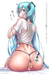 Rule 34 | 00s, 1boy, 1girl, aqua eyes, aqua hair, aqua nails, ass, back, between buttocks, black panties, blonde hair, blue nails, bound, closed mouth, commentary request, hatsune miku, huge ass, kagamine len, long hair, looking back, mini person, miniboy, nail polish, panties, shirt, short sleeves, sitting, sitting on person, thong, tied shirt, tied up, translation request, twintails, underwear, very long hair, vocaloid, white background, white shirt, wide hips, wokada