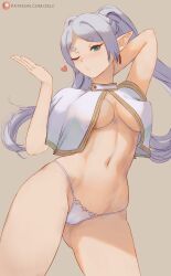 Rule 34 | 1girl, arm behind head, arm up, artist name, blowing kiss, blush, breasts, brown background, capelet, contrapposto, earrings, elf, frieren, frieren blowing a kiss (meme), gluteal fold, green eyes, heart, highres, jewelry, long hair, looking at viewer, medium breasts, meme, navel, one eye closed, panties, parted bangs, pointy ears, simple background, solo, sousou no frieren, stomach, thighs, twintails, underboob, underwear, watermark, web address, white capelet, white panties, wink, zelc-face
