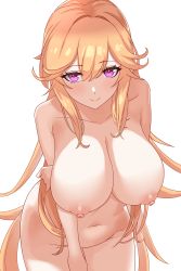 Rule 34 | 1girl, arm at side, arm under breasts, arms under breasts, azur lane, blonde hair, blush, breast hold, breasts, collarbone, completely nude, cowboy shot, from above, hair between eyes, highres, large breasts, long hair, looking at viewer, navel, nipples, nude, puffy nipples, purple eyes, richelieu (azur lane), sidelocks, simple background, smile, solo, very long hair, white background, zukanosuke