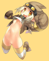 Rule 34 | 1girl, blonde hair, blush, bottomless, breasts, cleft of venus, clenched hands, collar, disgaea, fang, flat chest, gloves, goggles, hat, long hair, nipples, outstretched arm, pointy ears, ponytail, pussy, shorts, simple background, small breasts, solo, striped clothes, striped thighhighs, thief (disgaea), thighhighs, tsudero, uncensored, yellow background, yellow eyes