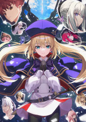 Rule 34 | 2boys, 6+girls, artoria caster (fate), artoria caster (second ascension) (fate), artoria pendragon (fate), baobhan sith (fate), barghest (fate), belt, beret, black gloves, black pantyhose, blonde hair, blue cape, blue hat, blush, breasts, bug, butterfly, buttons, cape, cnoc na riabh (fate), double-breasted, dress, emiya shirou, fate/grand order, fate (series), gareth (fate), gloves, green eyes, habetrot (fate), hat, highres, hood, hooded cape, insect, long hair, long sleeves, looking at viewer, medb (fate), melusine (fate), morgan le fay (fate), multicolored cape, multicolored clothes, multiple boys, multiple girls, neko daruma, pantyhose, percival (fate), red cape, senji muramasa (fate), small breasts, smile, thighs, twintails, white dress