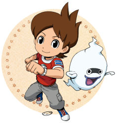 Rule 34 | 10s, 1boy, amano keita, belt, black eyes, boots, brown hair, full body, ghost, looking at viewer, mizuhara aki, open mouth, purple lips, red shirt, shirt, short hair, simple background, smile, traditional youkai, watch, whisper (youkai watch), white background, youkai watch, youkai watch (object)