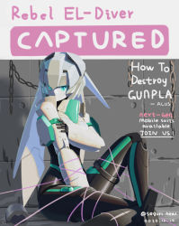 Rule 34 | 1girl, aqua eyes, bound, chain, commentary, cover, english commentary, english text, fake magazine cover, gundam, gundam build divers, gundam build divers re:rise, holding own arm, looking down, magazine cover, may (gundam build divers re:rise), mecha, metal skin, mobile doll may, myjet, no mouth, robot, science fiction, sitting, solo, tied up (nonsexual)
