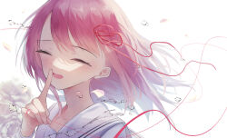 Rule 34 | 1girl, 200f (nifu), blush, closed eyes, collarbone, finger to mouth, hair ribbon, highres, looking at viewer, medium hair, open mouth, original, pink hair, portrait, red ribbon, ribbon, sailor collar, shirt, simple background, solo, swept bangs, white background, white sailor collar, white shirt