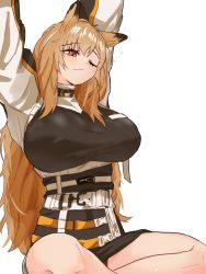 Rule 34 | 1girl, alternate breast size, animal ears, arknights, arms up, black jacket, blush, breasts, brown hair, ceobe (arknights), dog ears, dog girl, highres, jacket, large breasts, long hair, musuko (son of everyone), one eye closed, red eyes, simple background, sitting, squeans, solo, stretching, very long hair, white background