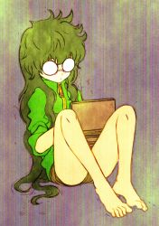 Rule 34 | 1girl, 557kaktte, barefoot, computer, glasses, green hair, highres, laptop, legs, long hair, messy hair, opaque glasses, radirgy, shorts, sleeves rolled up, solo, tadayo aita