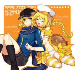 Rule 34 | 2girls, :d, ^ ^, alternate costume, amakura (am as), animal ears, april fools, artoria pendragon (all), artoria pendragon (fate), baseball cap, blonde hair, blush, boots, bow, braid, character name, closed eyes, copyright name, dog ears, dog tail, english text, fate/apocrypha, fate/stay night, fate (series), green eyes, hat, jeanne d&#039;arc (april magical) (fate), jeanne d&#039;arc (fate), jeanne d&#039;arc (ruler) (fate), long hair, multiple girls, mysterious heroine x (fate), navel, open mouth, panties, ponytail, rojiura satsuki : chapter heroine sanctuary, saber (fate), shorts, single braid, sitting, smile, striped clothes, striped legwear, striped thighhighs, tail, thighhighs, type-moon, underwear