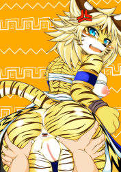 Rule 34 | 1girl, anger vein, angry, animal ears, anus, armlet, ass, bar censor, blonde hair, breasts, budget sarashi, censored, clenched hand, disembodied hand, fang, female focus, from behind, fullbokko heroes, furry, furry female, large breasts, looking at viewer, looking back, megane inu, nipple slip, nipples, open mouth, pussy, sarashi, shiny skin, short hair, simple background, skindentation, smile, solo, spread anus, standing, sweat, tail, teeth, tongue, two-tone background, uncensored, yellow background, zhang fei (fullbokko heroes)