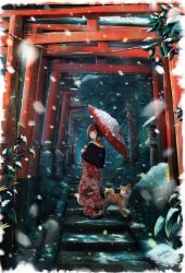 Rule 34 | 1girl, blush, brown eyes, brown hair, closed mouth, from side, holding, holding umbrella, japanese clothes, kimono, looking at viewer, oil-paper umbrella, original, outdoors, sakeharasu, scenery, shiba inu, short hair, snowing, solo, stairs, standing, torii, umbrella, wide shot