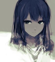 Rule 34 | 1girl, black eyes, blue hair, closed mouth, dark, expressionless, grey background, highres, hometa, long hair, looking at viewer, looking to the side, portrait, shade, shirt, solo