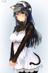 Rule 34 | 1girl, :&lt;, alternate costume, animal ears, black hair, black shirt, blush, breasts, brown eyes, cat ears, cat tail, cowboy shot, dress, expressionless, hair ornament, hairband, hairclip, haruna (kancolle), highres, jewelry, kantai collection, lace, lace-trimmed dress, lace trim, large breasts, long hair, long sleeves, necklace, own hands clasped, own hands together, pantyhose, red eyes, ring, shirt, solo, sundress, sweatdrop, tail, tsukui kachou, turtleneck, undershirt, wedding band, white dress, white hairband
