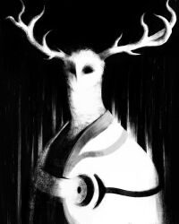 Rule 34 | absurdres, antlers, cloak, commentary, greyscale, high contrast, highres, horns, horror (theme), ibumuc, monochrome, monster, no humans, outer wilds, the stranger&#039;s inhabitants, upper body