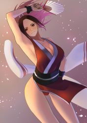 Rule 34 | 1girl, absurdres, arm up, armpits, breasts, brown hair, cleavage, closed mouth, commentary request, fatal fury, folding fan, glowing, hand fan, hand on own hip, hara kenshi, high ponytail, highres, large breasts, long hair, making-of available, ninja, obi, parted bangs, pelvic curtain, ponytail, red eyes, revealing clothes, sash, shiranui mai, snk, solo, the king of fighters, thighs