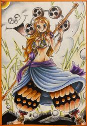 Rule 34 | 1girl, barefoot, bikini, bikini top only, breasts, cloud, cosplay, daichan op, devil fruit, earrings, electricity, enel (cosplay), full body, highres, holding, holding pole, jewelry, large breasts, lightning, long hair, looking at viewer, nami (one piece), naughty face, oda eiichirou (style), official style, one piece, pants, pole, shiny skin, smile, swimsuit, thunder, traditional media, wide hips, zeus (one piece)