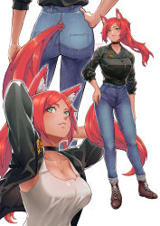 Rule 34 | 1girl, absurdres, animal ears, arms behind head, ass, black jacket, breasts, brown footwear, cleavage, closed jacket, commission, denim, fox ears, fox girl, fox tail, full body, green eyes, hand on own hip, highres, jacket, jeans, large breasts, long hair, multiple views, open clothes, open jacket, original, pants, red hair, tail, tank top, upper body, white tank top, you nf