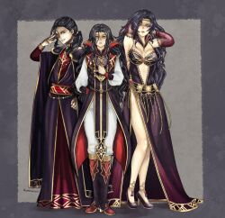 Rule 34 | 1girl, 2boys, absurdres, androgynous, anklet, black dress, black hair, boots, breasts, cape, circlet, cleavage, detached sleeves, dress, ephidel (fire emblem), fire emblem, fire emblem: the blazing blade, gem, high heels, highres, jewelry, limstella (fire emblem), lipstick, long hair, long sleeves, looking at viewer, makeup, mature female, medium breasts, multiple boys, nintendo, one eye covered, open mouth, pants, plunging neckline, quotedotlass, red gemstone, shirt, side slit, simple background, smile, sonia (fire emblem: the blazing blade), tassel, thighs, white pants, white shirt, yellow eyes