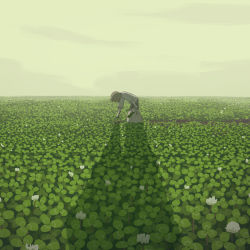 Rule 34 | 1other, absurdres, ambiguous gender, avogado6, bent over, brown hair, clover, commentary request, field, from side, grey shirt, harvesting, highres, holding, holding sack, original, outdoors, sack, shirt, solo