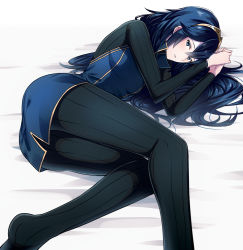 Rule 34 | 1girl, ameno (a meno0), ass, bed sheet, black legwear, black shirt, blue eyes, blue hair, blue shirt, breasts, feet out of frame, fire emblem, fire emblem awakening, hair between eyes, long hair, looking at viewer, lucina (fire emblem), lying, nintendo, on side, own hands together, parted lips, shirt, small breasts, solo, thighs, tiara