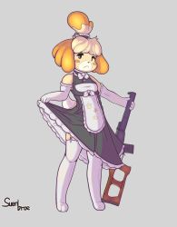 Rule 34 | 1girl, :&lt;, alternate costume, animal crossing, animal ears, artist name, as-val, bare shoulders, bell, black dress, blonde hair, bow, bowtie, breasts, closed mouth, clothes lift, dog ears, dog girl, dog tail, dress, dress lift, elbow gloves, female focus, frilled dress, frills, full body, furry, furry female, garter straps, gloves, grey background, gun, hair bell, hair ornament, hand up, highres, holding, holding gun, holding weapon, integral suppressor, integrally-suppressed firearm, isabelle (animal crossing), jingle bell, looking at viewer, nintendo, outstretched arm, paw print, rifle, scrunchie, short hair, signature, simple background, skindentation, sleeveless, sleeveless dress, small breasts, sniper rifle, solo, standing, suenbroe, suppressor, tail, thighhighs, topknot, toz (tulsky oruzheiny zavod), tsniitochmash, tula arms plant, vss vintorez, weapon, white bow, white bowtie, white gloves, white thighhighs