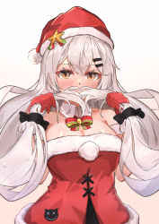 Rule 34 | 1girl, absurdres, breasts, brown eyes, dress, girls&#039; frontline, gloves, grey hair, hair ornament, hairclip, hat, highres, large breasts, long hair, low twintails, muteppona hito, official alternate costume, red dress, red gloves, red hat, santa dress, santa hat, sleeveless, sleeveless dress, solo, strapless, strapless dress, svd (girls&#039; frontline), svd (winter fairy) (girls&#039; frontline), twintails, upper body