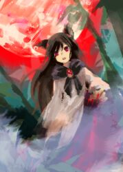 Rule 34 | 1girl, animal ears, black hair, brooch, claws, commentary request, dress, fang, highres, imaizumi kagerou, jewelry, kaigen 1025, long hair, long sleeves, moon, open mouth, outdoors, red brooch, red claws, red eyes, red moon, red sky, sky, solo, touhou, white dress, wolf ears, wolf girl