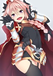 Rule 34 | 1boy, astolfo (fate), black thighhighs, blush, braid, cape, fang, fate/apocrypha, fate (series), garter straps, hair ribbon, highres, long hair, looking at viewer, male focus, nebusoku, open mouth, pink hair, purple eyes, ribbon, single braid, smile, solo, thighhighs, trap, v