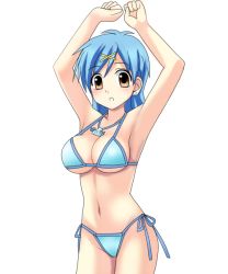Rule 34 | 00s, 1girl, :o, armpits, arms up, bikini, blue bikini, blue hair, blush, breasts, brown eyes, cleavage, clenched hands, cowboy shot, earrings, groin, hair ornament, halterneck, hip focus, houshou hanon, jewelry, large breasts, legs together, looking at viewer, mermaid melody pichi pichi pitch, miru, navel, necklace, parted bangs, seashell, shell, short hair, side-tie bikini bottom, sideboob, simple background, solo, standing, string bikini, stud earrings, surprised, swimsuit, underboob, white background, x hair ornament