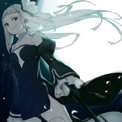 Rule 34 | 1girl, bravely default (series), bravely second: end layer, cleavage cutout, clothing cutout, dress, flower, grey hair, hair flower, hair ornament, hamelon310, highres, long hair, magnolia arch, moon, petals, purple dress, red eyes, short dress, very long hair