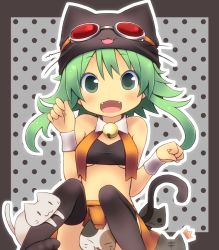 Rule 34 | 1girl, :3, :d, ^^^, animal, animal hat, bell, black border, black cat, black thighhighs, border, breasts, calico, cat, cat hat, convenient censoring, crop top, detached collar, fangs, goggles, goggles on headwear, green eyes, green hair, grey background, grey cat, gumi, hat, jingle bell, kuro (kuroneko no kanzume), looking at viewer, midriff, neck bell, open mouth, orange skirt, outline, paw pose, polka dot, polka dot background, red goggles, short hair with long locks, sitting, skirt, small breasts, smile, solo, thighhighs, underboob, vocaloid, white outline, wristband