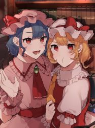 Rule 34 | 2girls, :d, :t, ascot, blonde hair, blue hair, bookshelf, bow, brooch, flandre scarlet, hair behind ear, hand up, hat, highres, indoors, jewelry, laspberry., light blush, looking at viewer, mob cap, multiple girls, open mouth, pout, red bow, red eyes, remilia scarlet, siblings, sisters, smile, touhou, upper body, wrist cuffs, yellow ascot
