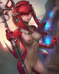 Rule 34 | 1girl, absurdres, artist name, backlighting, breasts, cleft of venus, closed mouth, colored skin, cowboy shot, crescent, fingernails, fins, fish girl, gills, glowing, hair ornament, headpiece, highres, holding, holding polearm, holding spear, holding weapon, jewelry, lips, logan cure, long hair, looking at viewer, medium breasts, mipha, monster girl, multicolored skin, neck ring, necklace, nintendo, nipples, no eyebrows, nude, one breast out, outdoors, polearm, pussy, red hair, red skin, sash, sky, solo, spear, standing, sunlight, the legend of zelda, the legend of zelda: breath of the wild, uncensored, water, watermark, weapon, web address, yellow eyes, zora