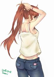 Rule 34 | 1girl, adjusting hair, ass, back, breasts, brown hair, denim, jeans, long hair, original, pants, ponytail, simple background, small breasts, solo, suoni (deeperocean), white background