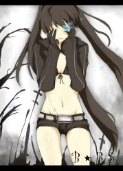 Rule 34 | 10s, 1girl, belt, bikini, bikini top only, black bikini, black hair, black rock shooter, black rock shooter (character), blue eyes, coat, front-tie top, gloves, glowing, glowing eyes, hand on own face, hands on own face, hood, hooded jacket, jacket, long hair, mono (recall), navel, scar, short shorts, shorts, solo, sweater, swimsuit, tears, tree, twintails, uneven twintails, very long hair