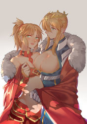 Rule 34 | 2girls, absurdres, artoria pendragon (all), artoria pendragon (fate), artoria pendragon (lancer) (fate), bandeau, blue dress, blush, breasts, cleavage, cleavage cutout, closed mouth, clothing cutout, collarbone, dress, embarrassed, fate/apocrypha, fate/grand order, fate (series), fur trim, hair between eyes, hand up, highres, huge breasts, incest, large breasts, light smile, looking away, looking to the side, mature female, medium breasts, mordred (fate), mordred (fate/apocrypha), mother and daughter, multiple girls, navel, open mouth, parted bangs, ponytail, red dress, revealing clothes, saber (fate), sidelocks, teeth, upper body, yorukun, yuri