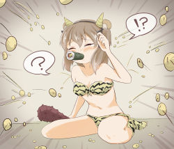 Rule 34 | !?, 1girl, ?, absurdres, animal print, beans, bikini, black ribbon, blush, breasts, closed eyes, club, club (weapon), commentary request, ehoumaki, fake horns, food, food in mouth, front-tie bikini top, front-tie top, full body, fur bikini, girls und panzer, hair ribbon, hand in own hair, highres, holding, holding weapon, horns, kanabou, light brown hair, long hair, makizushi, mamemaki, motion lines, mouth hold, namakurage, oni, oni horns, partial commentary, paw shoes, ribbon, setsubun, shimada arisu, side ponytail, sitting, small breasts, solo, spiked club, spoken interrobang, spoken question mark, strapless, strapless bikini, sushi, swimsuit, tearing up, tiger print, wariza, weapon, yellow bikini